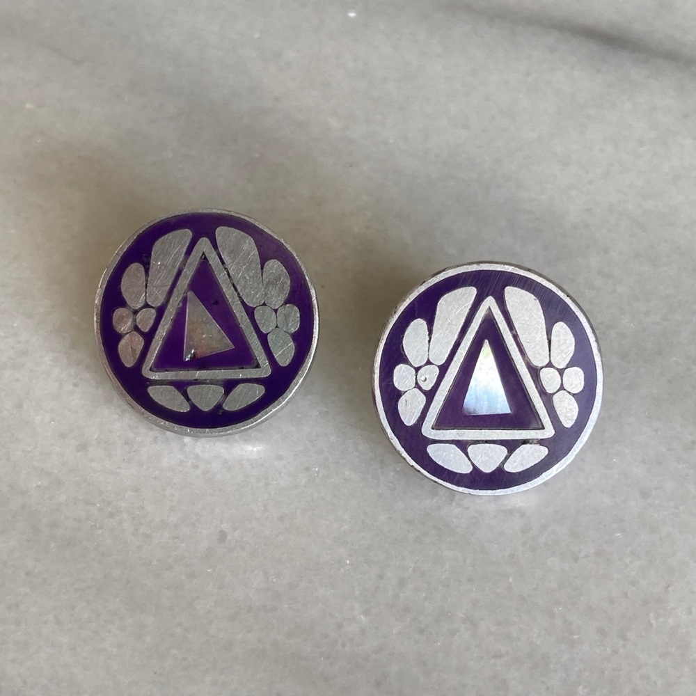 VINTAGE • 80s Weird Witch Earrings Stud Geometric Triangle Purple Pearl Shell